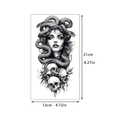 Temporary Tattoos, 24-Sheet Black Gothic Set with Lion, Eagle, Skull and Greek God Motifs for Forearm Placement