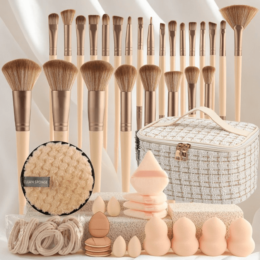 Makeup Brush Set, 23-, 44- or 47-Piece Nylon Bristle Kit with Blending Sponges and Leopard, Beige or Black Bag