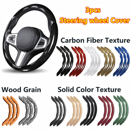 Carbon Fiber Steering Wheel Cover 3pcs – Anti-Skid Segmented Snap-On Protector, High-Grip ABS Resin, Universal Fit, Wood Grain Yellow, Sleek Automotive Interior Upgrade