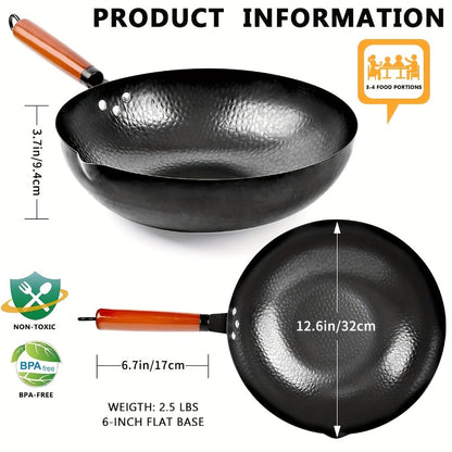 Carbon Steel Wok Set with Lid and 14-Piece Accessory Kit, 12.6 Inch Stir-Fry Pan with Spatula, Brush, Ring and Utensils