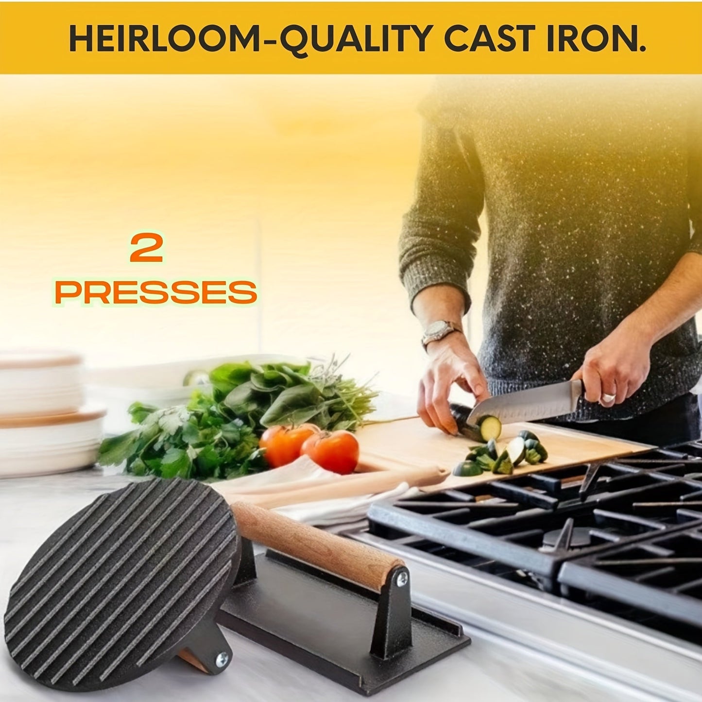 Smash Burger Press Cast Iron Heavy Duty Dual-Size Burger Smasher with Ergonomic Wood Handle – BBQ Grill Press for Smash Burgers, Steaks & Griddle Cooking (2pc Set)