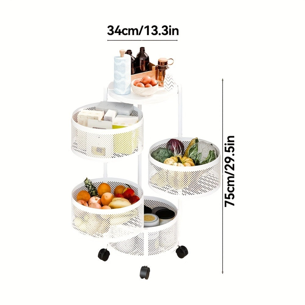 Round-Basket Rolling Storage Rack with Four or Five Mesh Levels, Caster Base and Black or White Finish