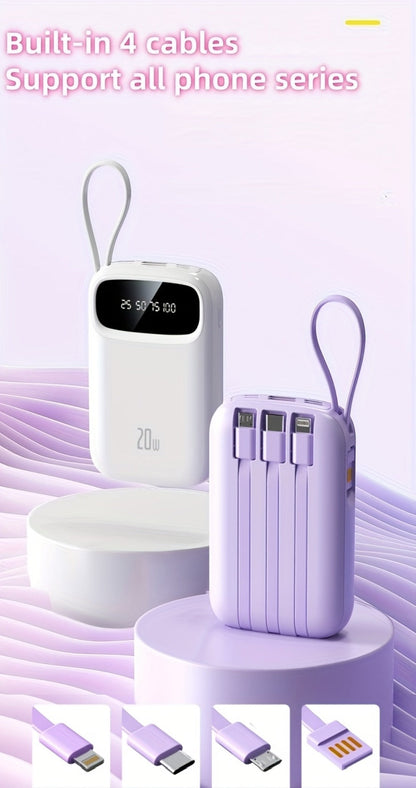 Power Bank 10000mAh with Three Built-In Cables, 5W/15W/22.5W Options, Digital Display and Lanyard