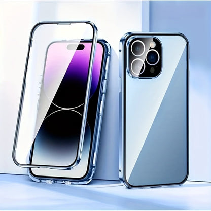 Phone Case Privacy Tempered Glass Cover with Aluminum Frame, Magnetic Snap Lock and Wireless Charging Support