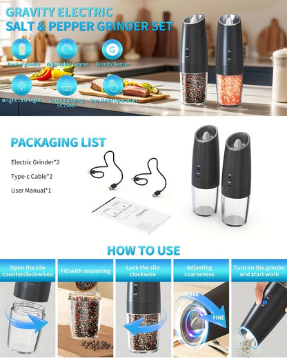 Gravity-Activated Electric Spice Grinder with LED Ring, Adjustable Grind and USB-C or Two-Piece Options