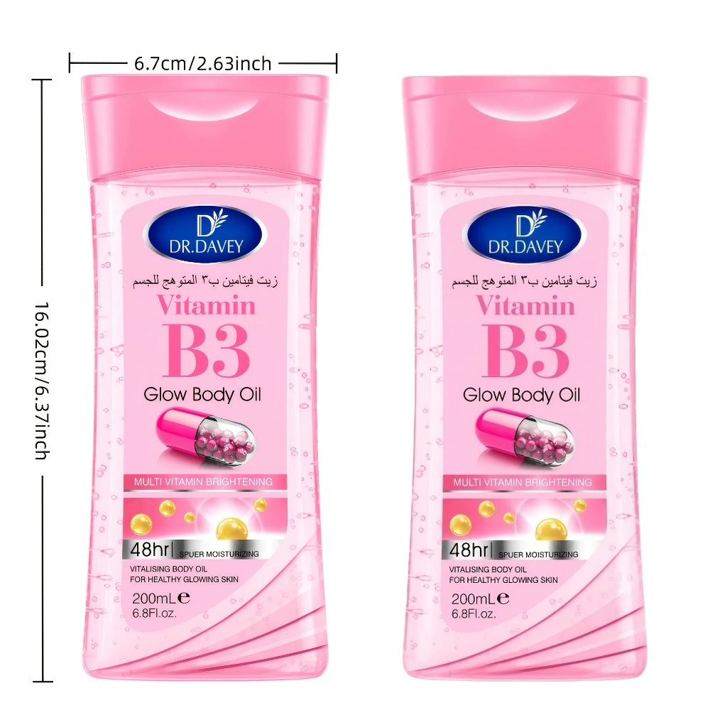Vitamin B3 Body Oil, Two-Piece Set of 200ml Flip-Top Bottles with Coordinated Pink Niacinamide Labels