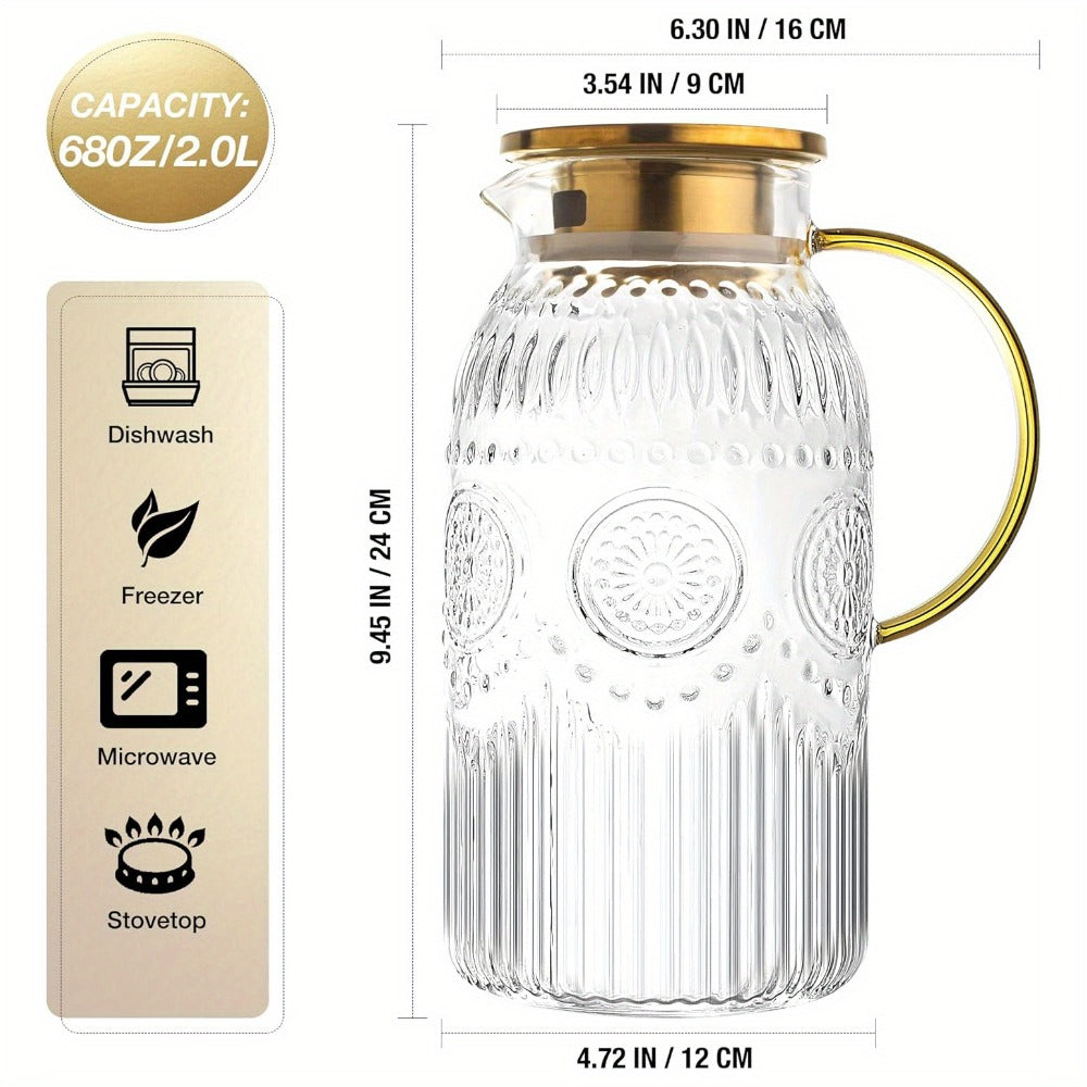 Embossed 68-Ounce Glass Pitcher with Golden-Tone Handle and Lid in One- or Two-Piece Packs