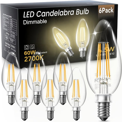 LED Candle Light Bulbs E12 Base B11 Dimmable 2700K Warm White 500 Lumens Clear Glass Vintage Filament Bulb for Chandelier Ceiling Fan Dining Room Living Room Bedroom Kitchen 12 Pack 24 Pack