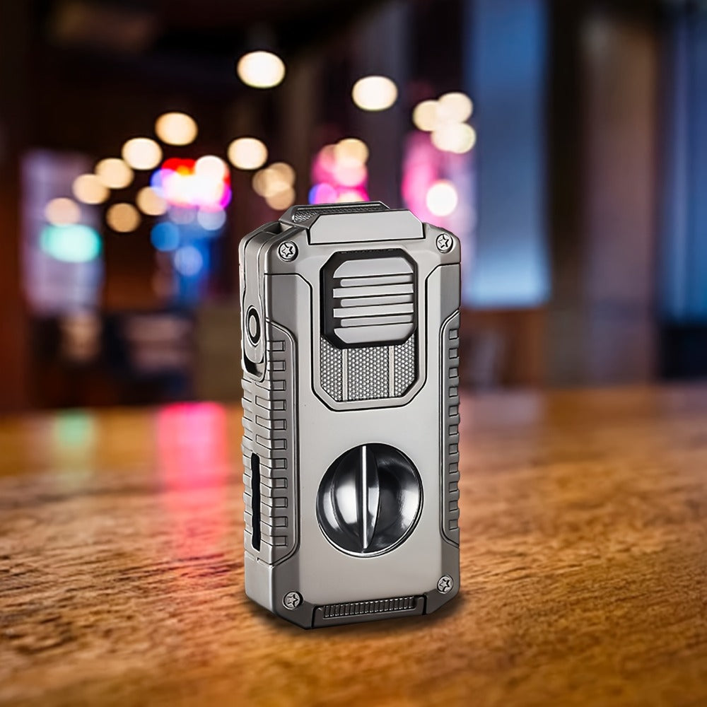 Three-Jet Refillable Butane Lighter with Fuel Window, Cigar Cutter, Punch and Needle Tools