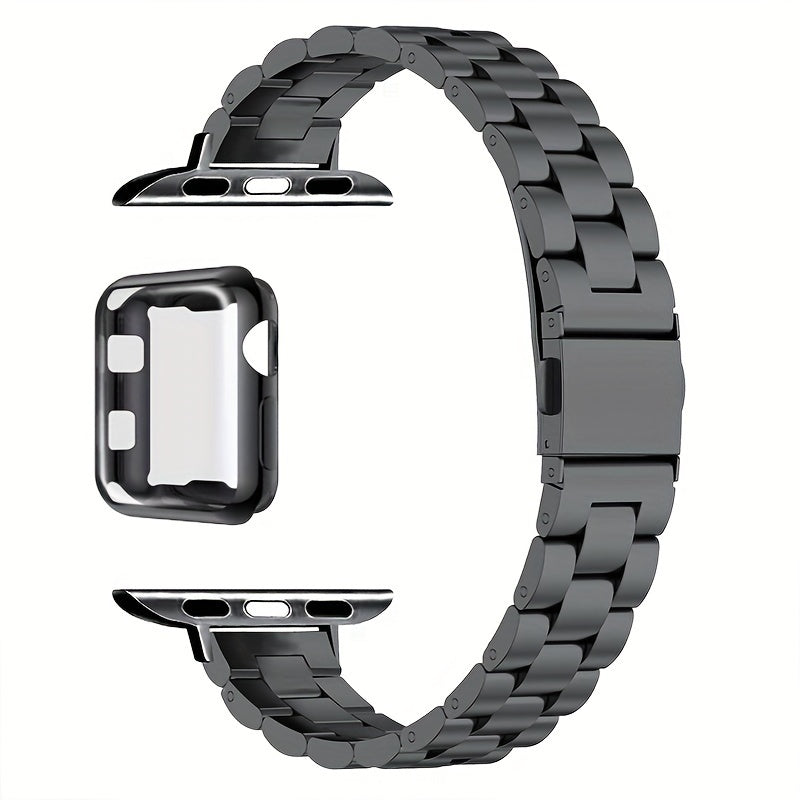 Slim Waist Apple Watch Steel Band & Half Shell Case 3-Piece Set – 2 Stainless Steel Bands + Protective Case Compatible with Apple Watch Series 1–9 SE Ultra 38 40 41 42 44 45 49mm – Gold Silver Rose Black