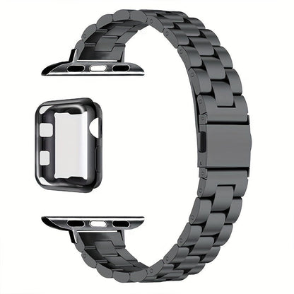 Slim Waist Apple Watch Steel Band & Half Shell Case 3-Piece Set – 2 Stainless Steel Bands + Protective Case Compatible with Apple Watch Series 1–9 SE Ultra 38 40 41 42 44 45 49mm – Gold Silver Rose Black