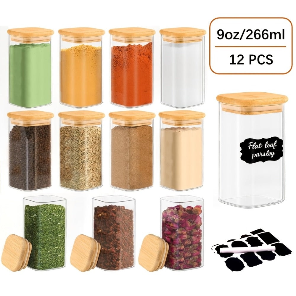 Twelve-Piece Square Glass Spice Jar Set with Bamboo-Style Lids, Labels and 7-Ounce Capacity