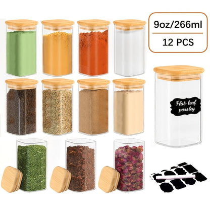 Twelve-Piece Square Glass Spice Jar Set with Bamboo-Style Lids, Labels and 7-Ounce Capacity