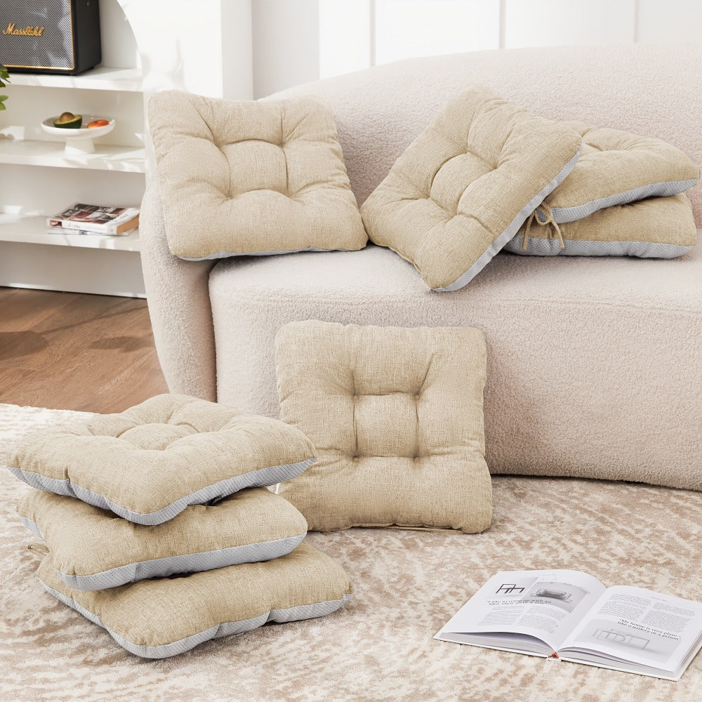 Tufted Chair Cushion Sets in 4- or 8-Piece Options with M/L Sizes, Tie Straps and 12 Color Choices