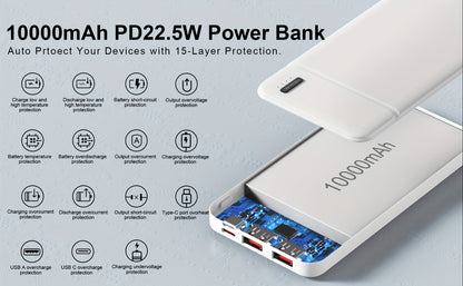 Power Bank 10000mAh Slim with 22.5W PD, 20W USB-C Input/Output and Dual USB-A Ports in Black or White