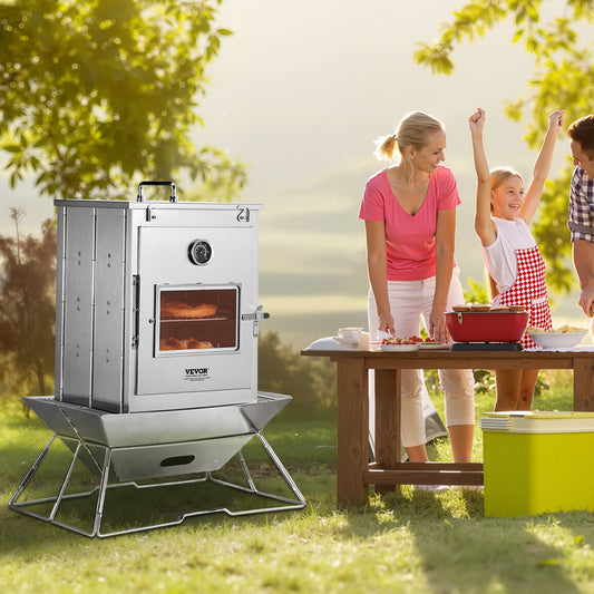 Camping Oven Portable Foldable 3-Tier Stainless Steel Outdoor Baking Oven with Grill Racks for Wood Stove BBQ Propane