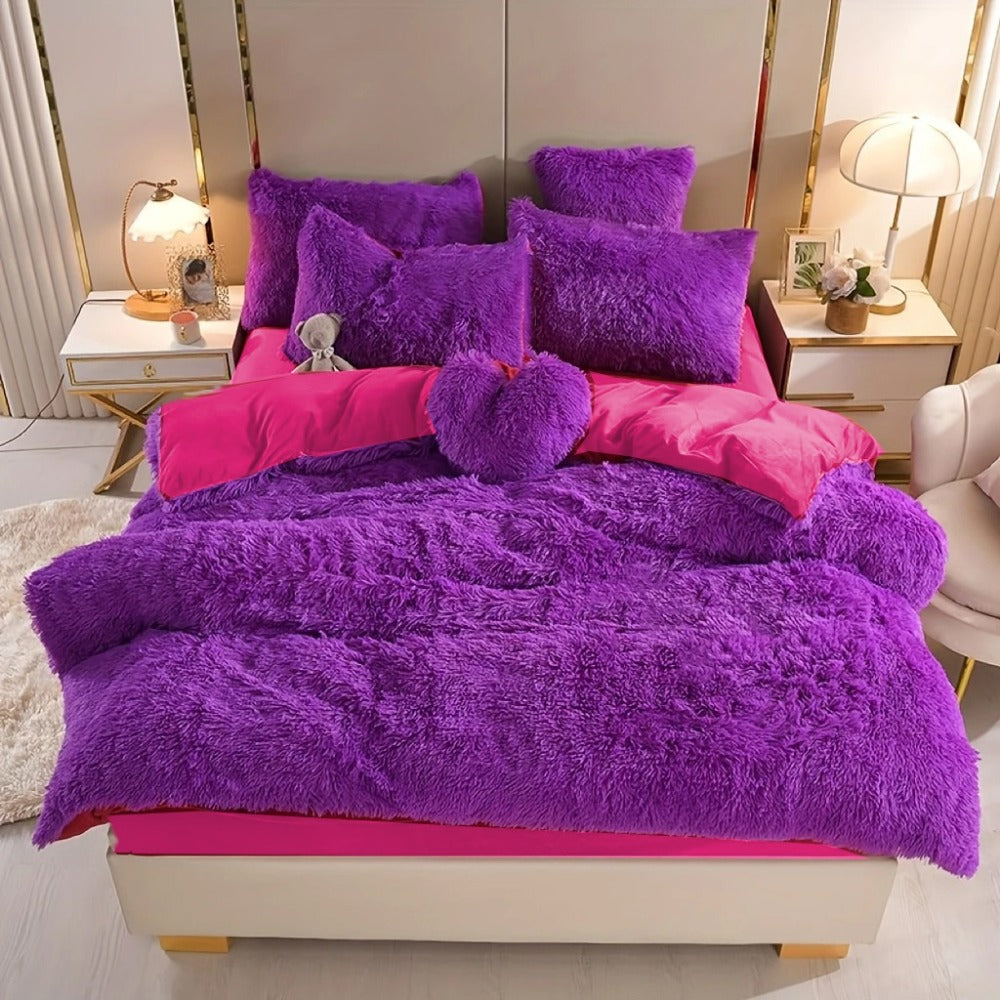 Plush Faux Fur Duvet Cover Set with Heart Pillow, Corner Ties and Twin, Queen or King Sizes in Eight Colors