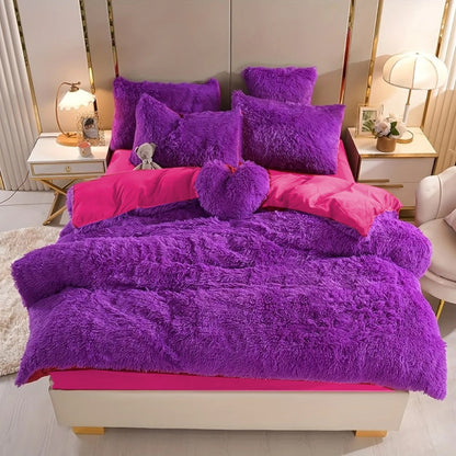 Plush Faux Fur Duvet Cover Set with Heart Pillow, Corner Ties and Twin, Queen or King Sizes in Eight Colors