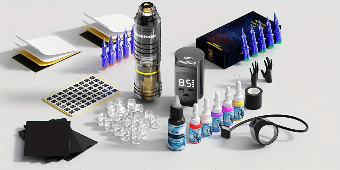 Tattoo Machine Kit POSEIDON BT17-XH Wireless Pen with 1200mAh Battery, LCD, 10 Cartridges and 6 Inks