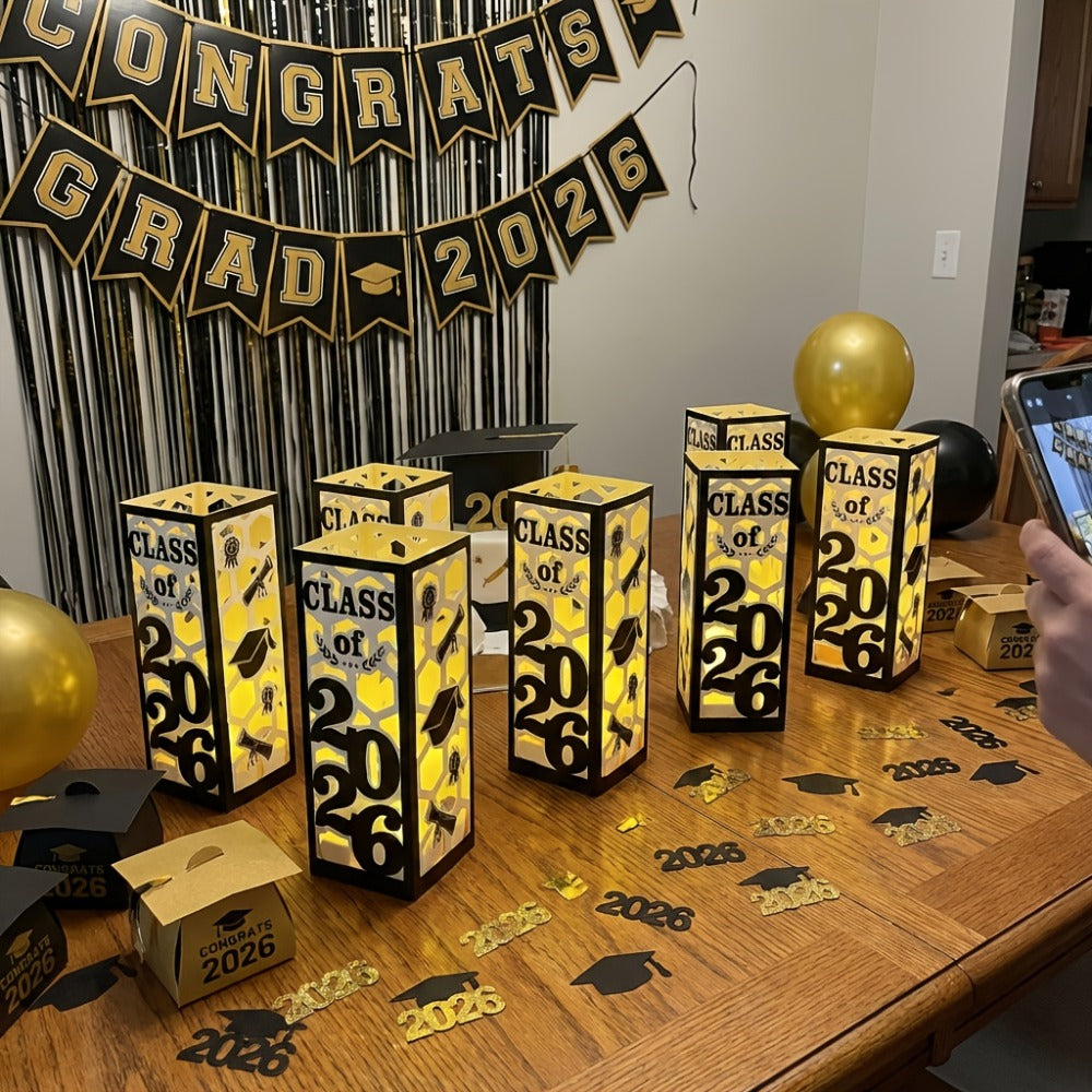 Six-Piece Class of 2026 Graduation Centerpiece Set with Paper Lantern Boxes in Six Color Themes