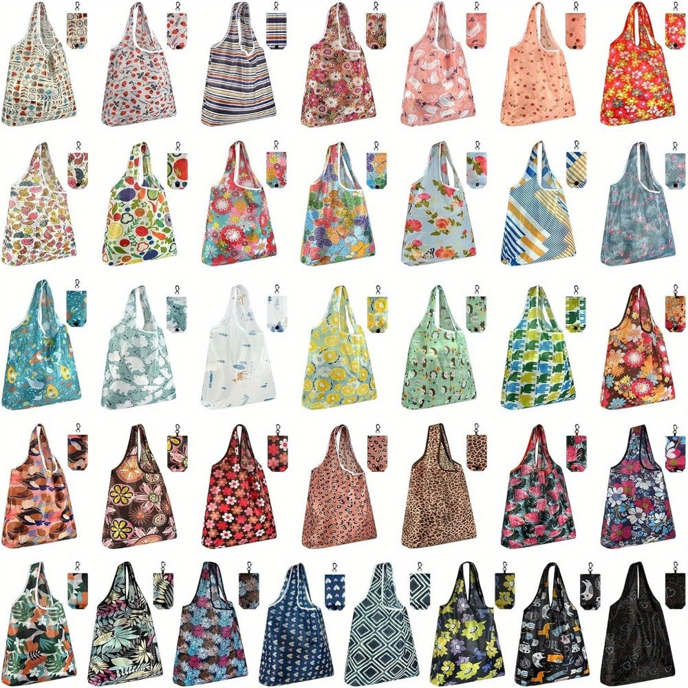 Foldable Reusable Shopping Bag Set with Assorted Printed Designs in 18- or 36-Piece Pack Options