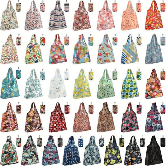 Reusable Grocery Bags Foldable Nylon Tote Bags Waterproof Washable Eco-Friendly Shopping Bag Set with Cute Floral Stripe Polka Dot Leopard Print 18/36pcs