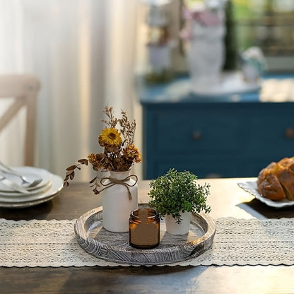 Round Wave-Edge Decorative Tray in White Wood Grain, Charcoal or Washed White for Coffee Table Displays