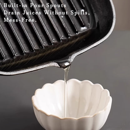 Cast Iron Grill Pan with Non-Stick Surface & Striped Design – Thick Wooden Handle Skillet for Steak, Meat, Pancakes & Eggs | Gas Stove, Home & Outdoor Camping Cookware