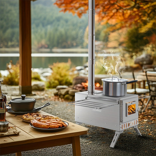 Wood Burning Stove Portable Camping Tent Stove with 7 Detachable Chimney Pipes, Stainless Steel, Adjustable Height, Fire-Resistant Window, Ash Tool & Carry Bag