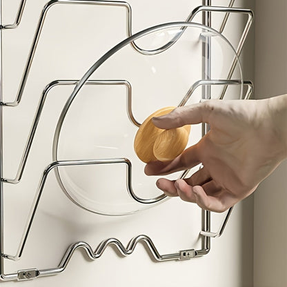 Wall-Mount Pot Lid Kitchen Organizer with Six-Tier Metal Rack for Cabinet Doors or Kitchen Walls