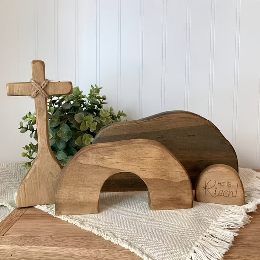 Easter Cross Decoration Wood He Is Risen Wooden Tomb Easter Resurrection Scene for Tray, Tabletop & Shelf – Religious Nativity Decor for Home & Office