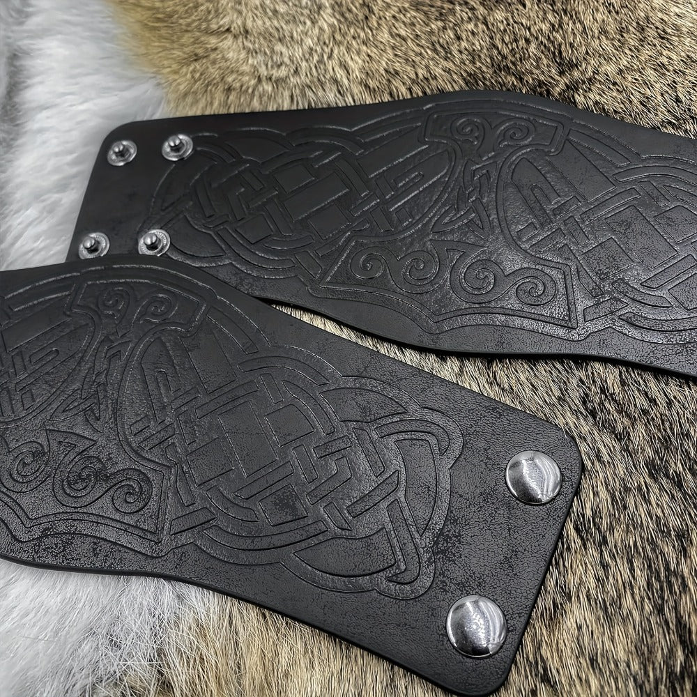 Viking Leather Cuff Bracelet Set 2pcs Norse Mythology Mjolnir Vegvisir Embossed Wristband for Men Women Halloween Gift