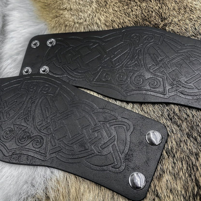 Viking Leather Cuff Bracelet Set 2pcs Norse Mythology Mjolnir Vegvisir Embossed Wristband for Men Women Halloween Gift