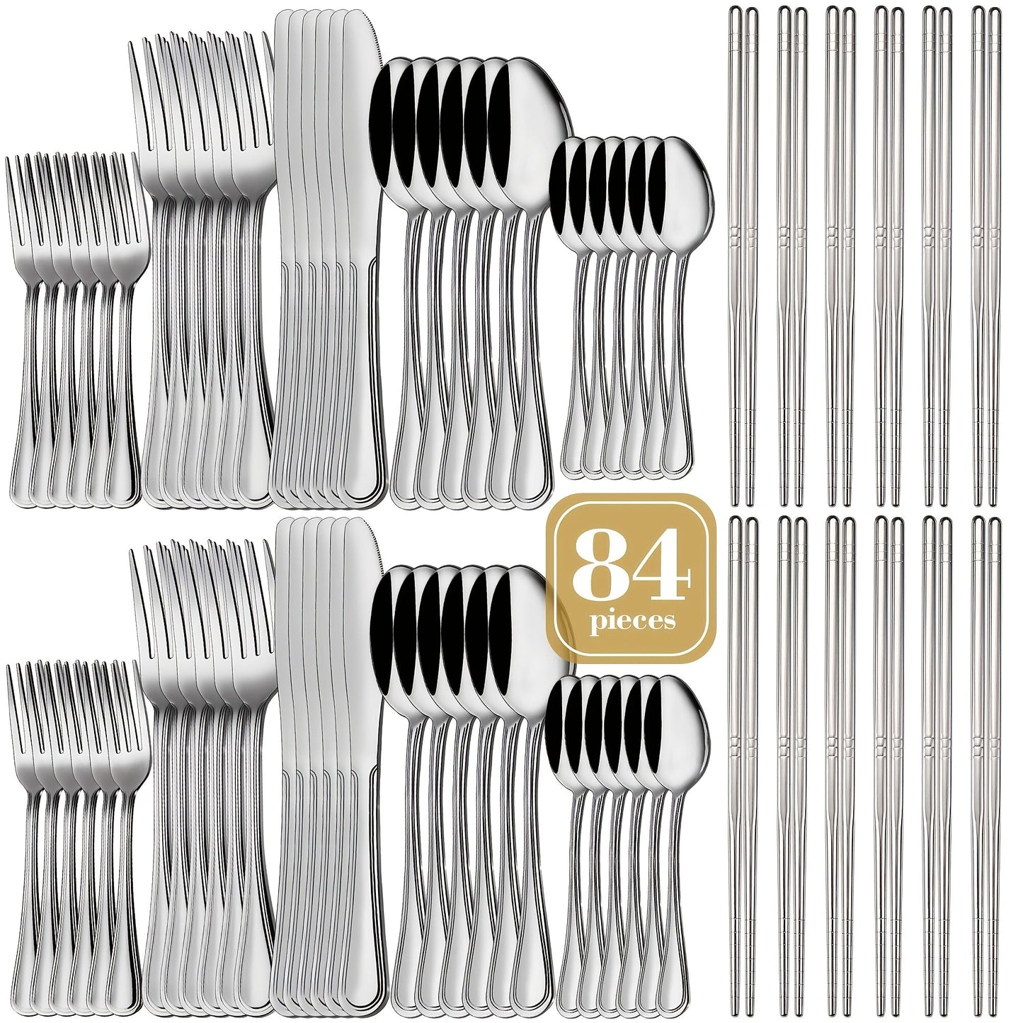 Large Flatware Set with 60-, 65- or 84-Piece Silver, Gold or Black Options and Chopstick Configurations