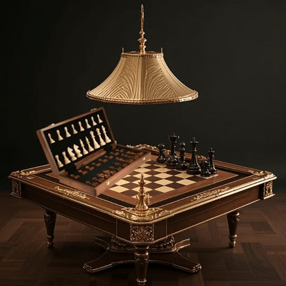 Folding Wooden-Style Chess and Checkers Set with 33 Chess Pieces and Internal Storage for Adult Tabletop Play