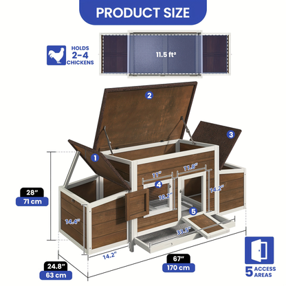 Wooden Hen House with 67in Frame, Two Nest Boxes, Ramp and Gray or Brown Two-Tone Outdoor Finish