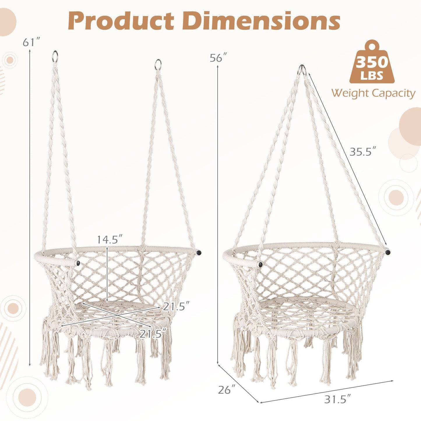 Beige Macrame Hammock Chair with Cotton Rope, Metal Frame and 31.5 x 26-Inch Hanging Seat Design