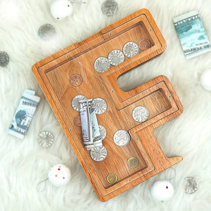 Wooden Alphabet Letter Coin Bank with Clear Front Panel and 23 Fixed Initial Options for Display