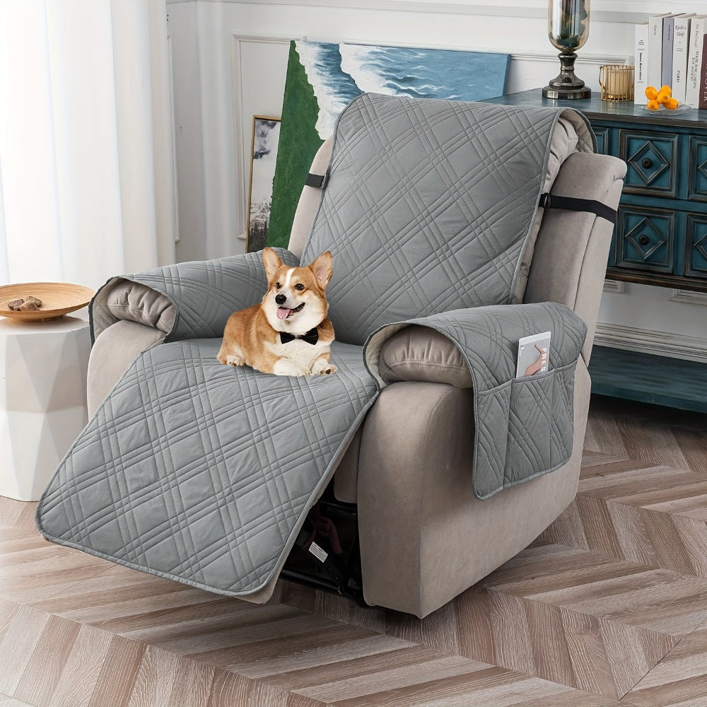 Chair Cover Quilted Recliner Throw with Side Pocket, Elastic Straps and Buckle in Ten Colors