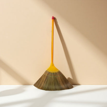 Extra-Long Miscanthus Broom with Soft Full-Length Bristles and Yellow Wrapped Handle for Home Sweeping