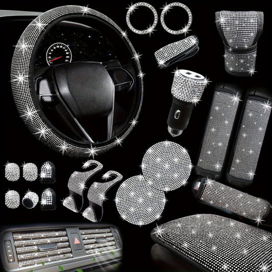 Bling Car Interior Accessories Set for Women 30-Piece – Steering Wheel Cover Universal 15 Inch, Seat Belt Covers, Armrest Cover & Gear Shift Cover, Woven Glitter Car Décor Kit