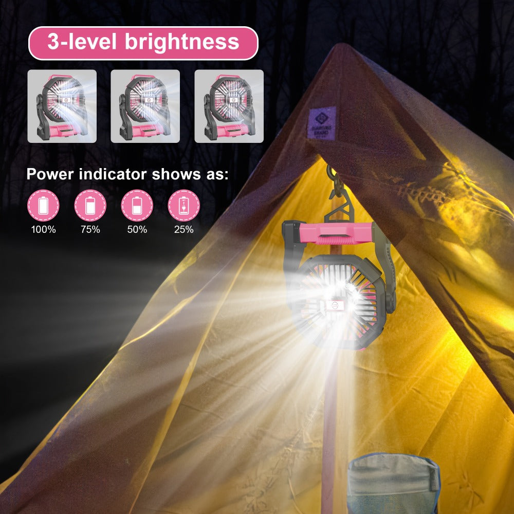 Portable Camping Fan with Hanging Hook, Three-Level Lantern and 12 Color or Style Options Pictured