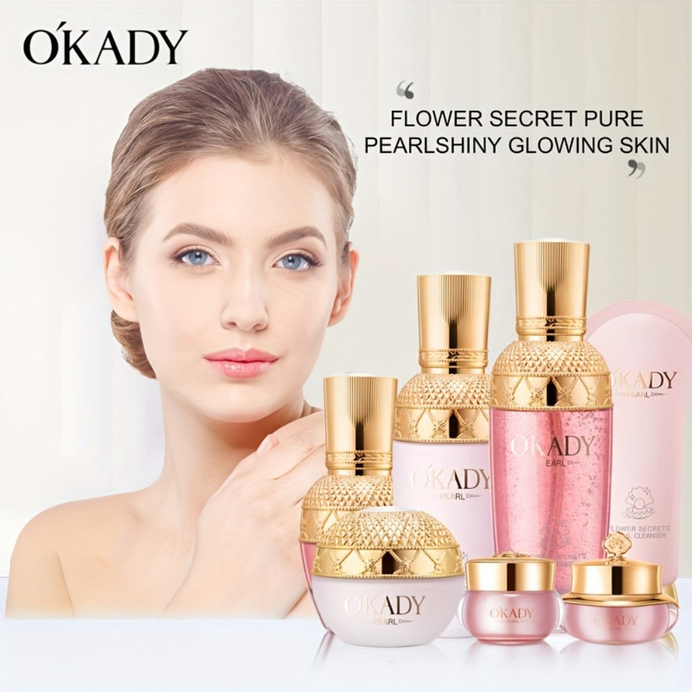 7-Piece Pearl-Themed Skincare Gift Set with Coordinated Facial-Care Bottles and Jars in a Fitted Box
