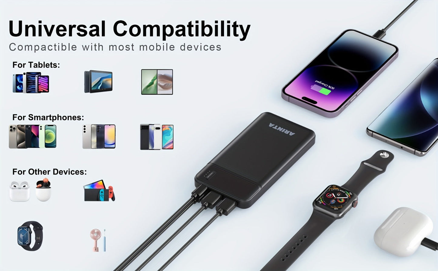 Power Bank 10000mAh Slim with 22.5W PD, 20W USB-C Input/Output and Dual USB-A Ports in Black or White