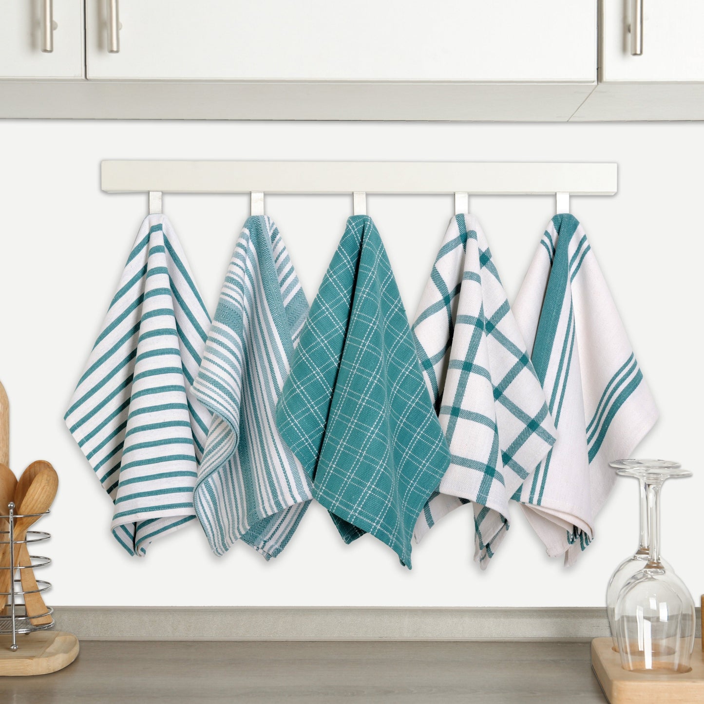 Ten-Pack Cotton Flat-Weave Kitchen Towel Set with Stripe, Check and Solid-Border Designs in Nine Colors