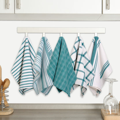 Ten-Pack Cotton Flat-Weave Kitchen Towel Set with Stripe, Check and Solid-Border Designs in Nine Colors