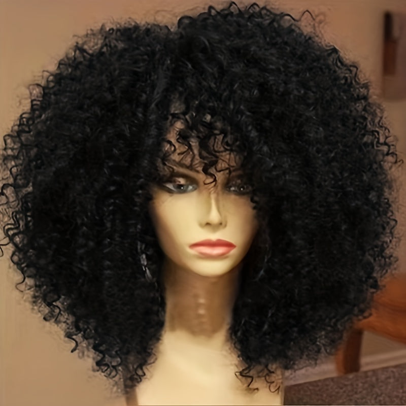 Synthetic Wig 16-Inch Kinky Curly Afro with Bangs in Color 1B and Elastic Cap for Parties and Cosplay