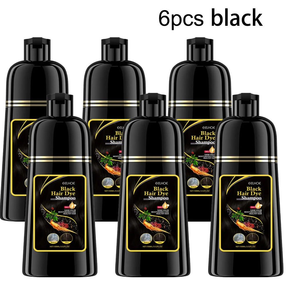 Hair Dye Shampoo 3-in-1 Color Conditioner Cooling Formula 6pcs Set — Black & Brown Gradual Gray Coverage, Unisex Long Hair Color Shampoo Gift