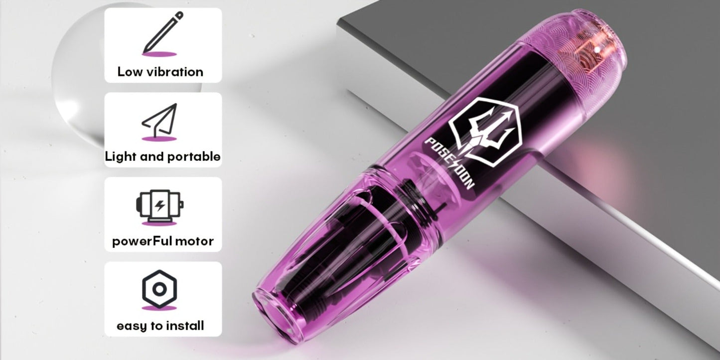 Tattoo Machine Kit POSEIDON TK039 Cordless Rotary Pen with LED Display, 20 Cartridges, 10 Inks and Practice Supplies