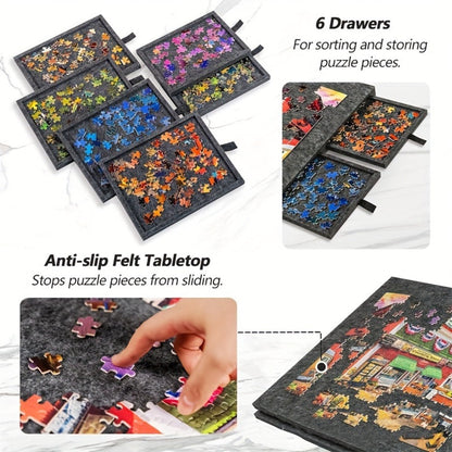 Large Puzzle Board for 1000 Piece Puzzles with 6-Drawer Sorting System – Foldable Jigsaw Table with Built-In Stand, Protective Cover & Tile Storage, Portable Puzzle Workstation for Adults (Gray / Light Gray)